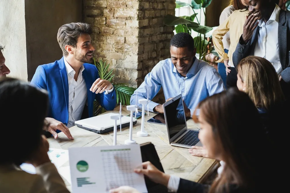 Modern coworking meeting room featuring collaborative workspace